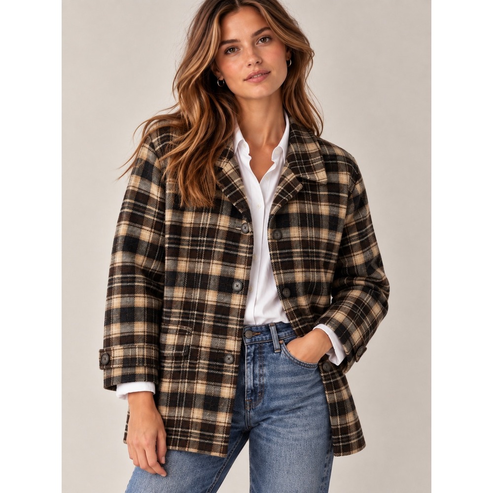 Vintage Karen Kane Brown Old Money Plaid Wool Blend Jacket, M
